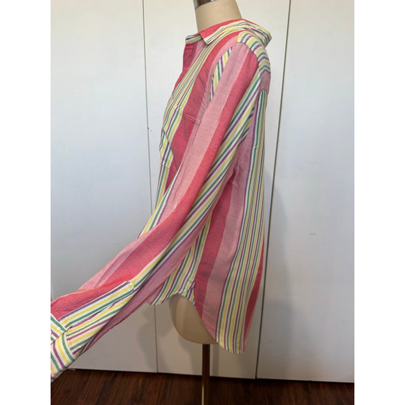 Women's Velvet Heart Pink Multi-Stripe Button Down roll tab sleeve Shirt L - Picture 2 of 8